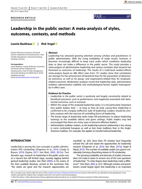 Public Administration Review - 2022 - Backhaus - Leadership in The Public Sector A Meta Analysis ...