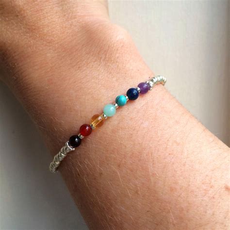 7 CHAKRA Bracelet Sterling Silver tiny gemstone bead Bracelet 4mm small beaded stretch Bracelet ...