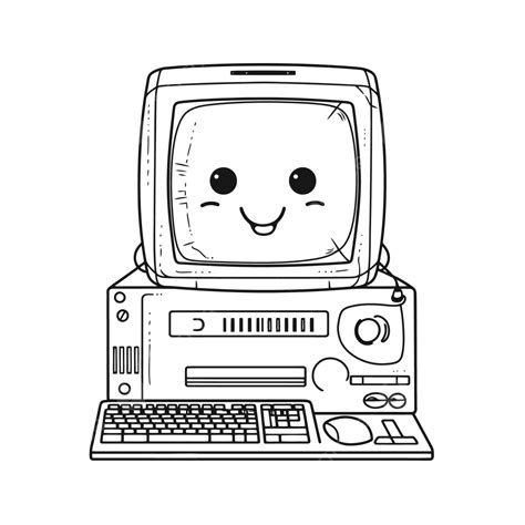 Computer With Happy Face Coloring Pages Outline Sketch Drawing Vector, Easy Computer Drawing ...