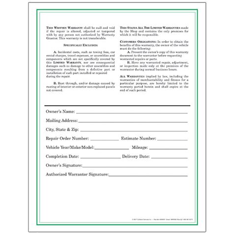 Auto Repair Warranty Forms - Green (250) | Automotive Forms