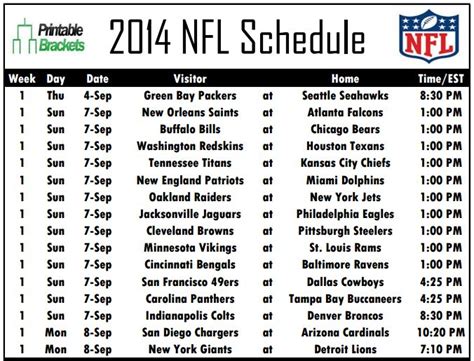 Complete 2014 NFL Schedule Available at PrintableBrackets.net