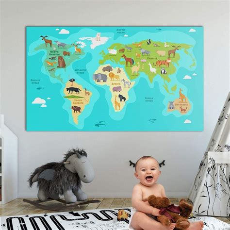 Kids World Map Canvas - Nursery Wall Art Framed Ready To Hang