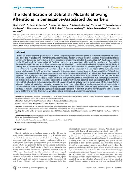 (PDF) The Identification of Zebrafish Mutants Showing Alterations in Senescence-Associated ...