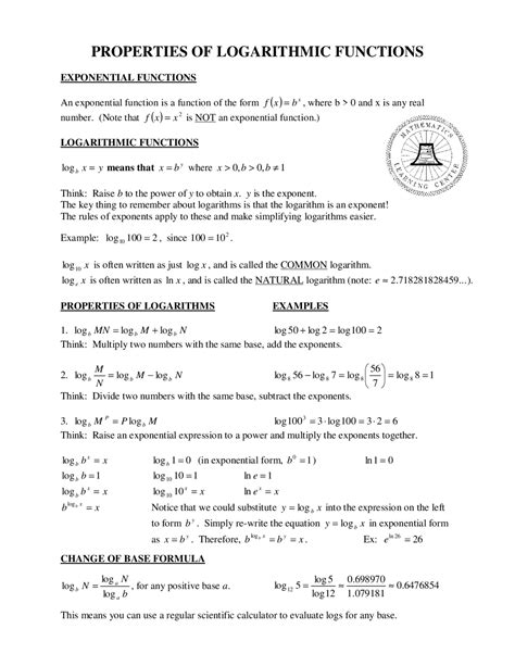 Logarithm properties cheat sheet - Docsity