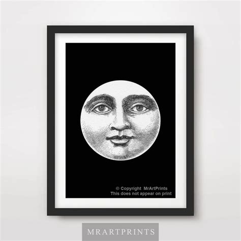 MOON Face Vintage Illustration Black and White ART PRINT Celestial ...