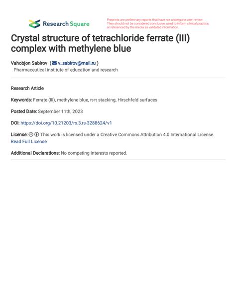 (PDF) Crystal structure of tetrachloride ferrate (III) complex with methylene blue