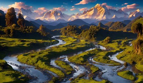 Fantastic Landscape with a Meandering River and Mountains , AI Generated Stock Illustration ...