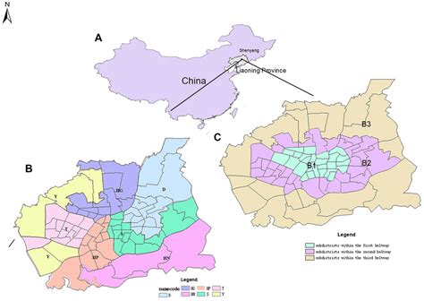 (A) Location of Shenyang in China; (B) Distribution of seven districts... | Download Scientific ...