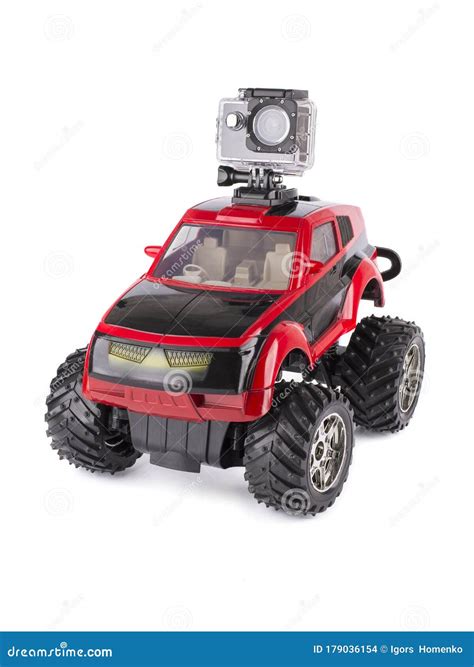 Children Toy Car with Action Camera Isolated on White Background Stock ...