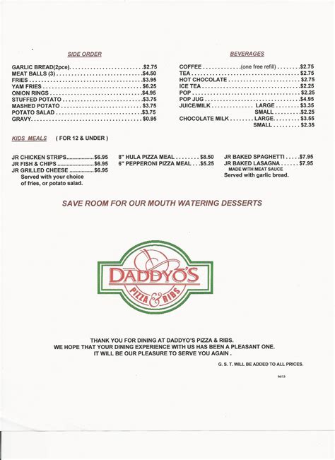 Menu at Daddyo's Pizza & Ribs steakhouse, Prince George