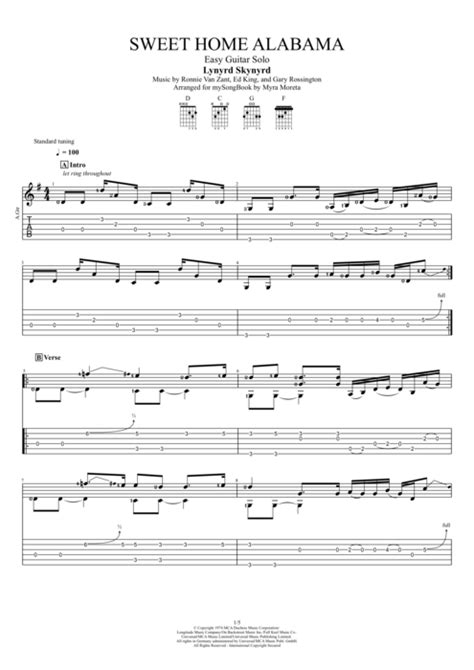 Sweet Home Alabama by Lynyrd Skynyrd - Easy Solo Guitar Guitar Pro Tab | mySongBook.com