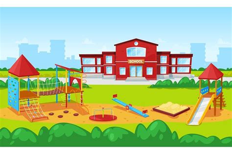 School Building and Yard Playground | School building, Cartoon building ...