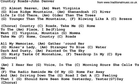 Country Music:Country Roads-John Denver Lyrics and Chords