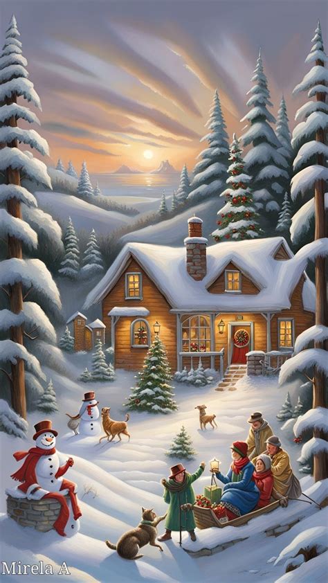 a painting of people and dogs in front of a house with snow on the ground