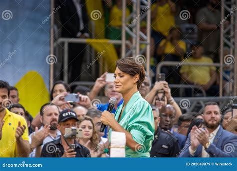 Michelle Bolsonaro Stands on Stage during the Official Campaign Launch ...