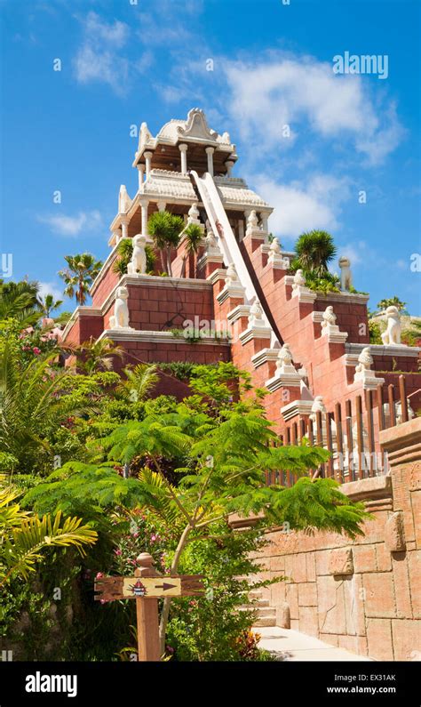 Person cominf down the "Tower of Power" slide in Siam Park, Tenerife, Canary Islands, Spain ...