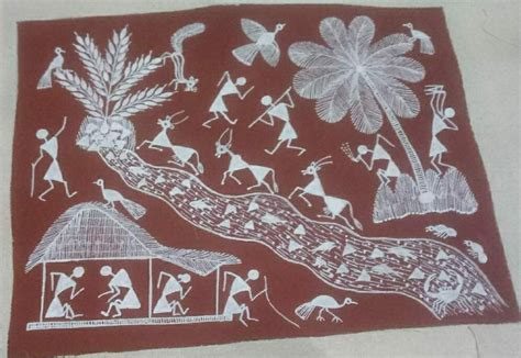 Mornings - Warli painting (8" x 9') - International Indian Folk Art Gallery