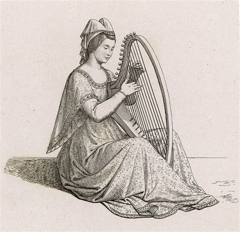 A Medieval Lady Plays A Small Harp Drawing by Mary Evans Picture Library - Fine Art America