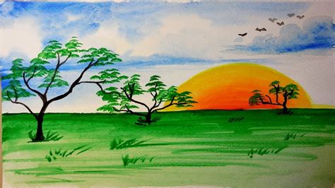 Scenery painting watercolour || Landscape painting with watercolor ...