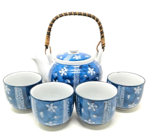 TJ Global Chinese Japanese Porcelain Tea Set with Blue Flowe