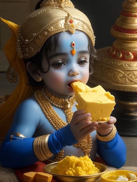 Premium AI Image | Lord Little Krishna Eating Butter Lorh Kanha Happy Krishna Janmashtami