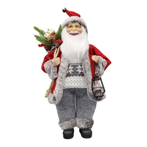 SANTA STANDING 18" W/SACK & LANTERN RED/GRAY - Christmas Forever