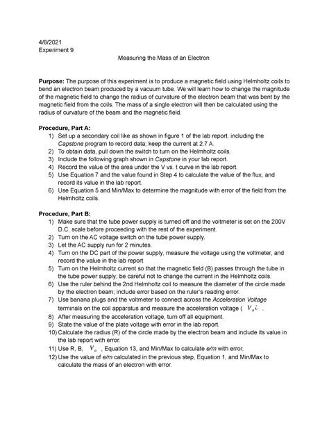 Experiment 9 - measuring the mass of an electron - PHY 022 - Studocu