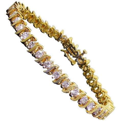 Vintage 14k Yellow Gold 2+Carat Diamond Tennis S Wave Line Bracelet Well Made at 1stDibs