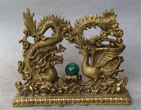 8" Chinese Bronze Fengshui Emperor Royalty Dragon Phoenix Sculpture ...