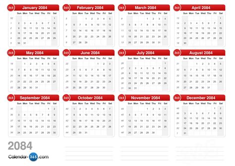 2084 Calendar