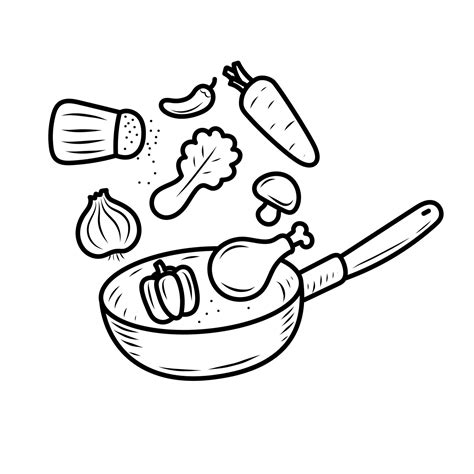 Cooking concept vector illustration with doodle drawing style. Pan with food ingredients vector ...