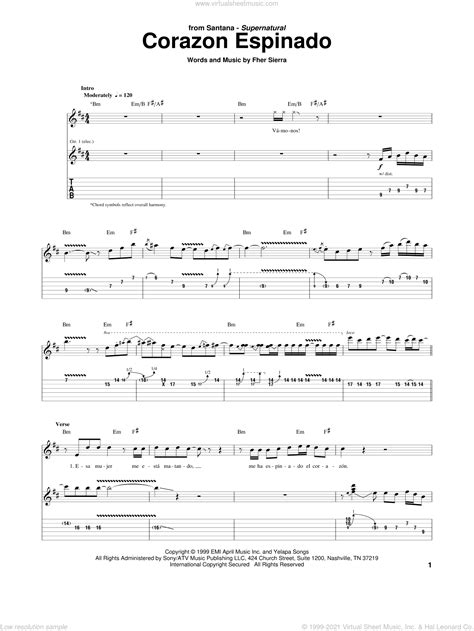 Santana - Corazon Espinado sheet music for guitar (tablature)