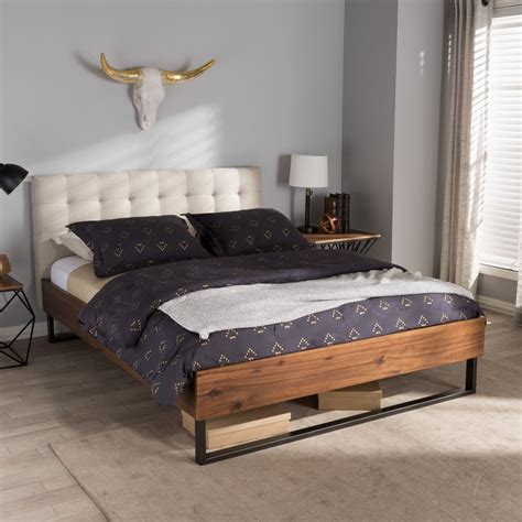 Mitchell Rustic Industrial Walnut Wood and Fabric Metal Platform Bed - King - Beige - Baxton ...