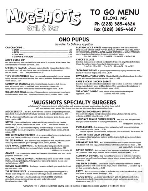 Menu for Mugshots Grill & Bar in Gulfport, Mississippi