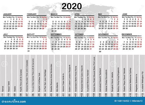 2020 Calendar with World Map and Time Zones Stock Vector - Illustration ...