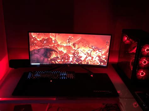 Back in red | Gaming room setup, Computer desk setup, Home office set up