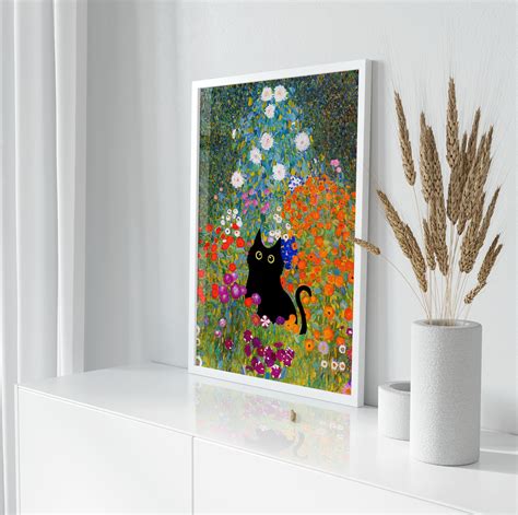 Gustav Klimt Garden Cat Print, Klimt Flowers Cat Poster, Black Cat Art ...