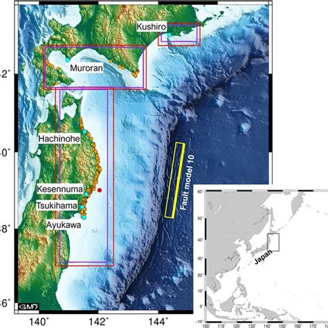 Map of the tsunami simulation region showing the distribution of the... | Download Scientific ...