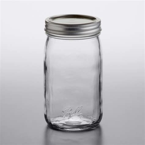 Ball 1440067500 32 oz. Quart Wide Mouth Smooth Sided Glass Canning Jar with Silver Metal Lid and ...