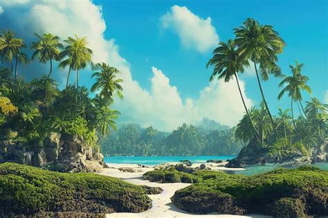 Premium Photo | Tropical landscape with stones in the sea sand and palm ...