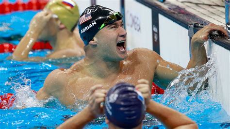 USA Swimmer Nathan Adrian celebrating after claiming the Bronze in the 100M individual Freestyle ...