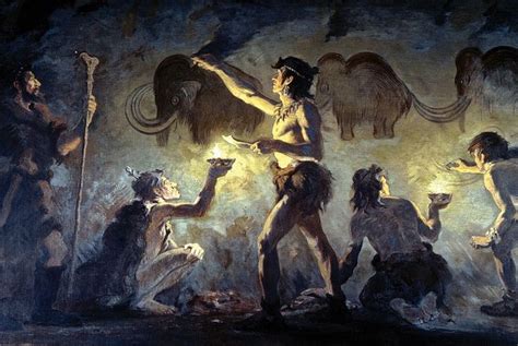 Cro-Magnon artists painting mammoths in Font-de-Gaume, by Charles R ...