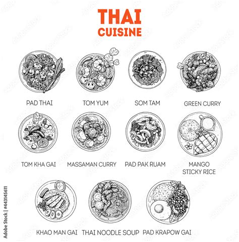 Thai food sketch. Set of thai dishes with pad thai, tom yum, som tam, green curry, sticky rice ...