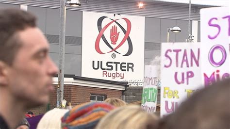 Crowds gather to protest outside Ulster rugby stadium