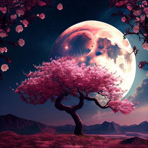 Embracing the Moon in an Ethereal Symphony with Majestic Trees: Dancing Harmony of Nature's Allure.