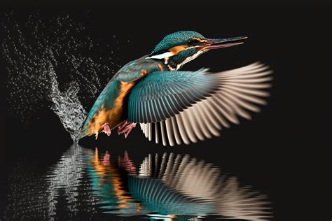 Common European Kingfisher river kingfisher flying after emerging from water with caught fish ...