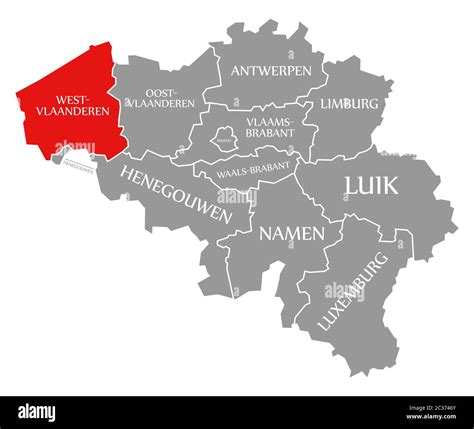 West Flanders red highlighted in map of Belgium Stock Photo - Alamy