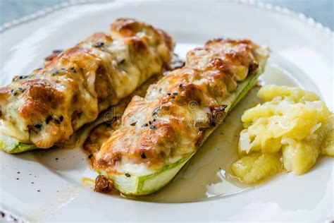 Baked Zucchini Courgettes Stuffed with Cheese and Dill Stock Photo ...