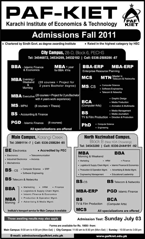 Admission in Pakistan: PAF-KIET Karachi Institute of Economics and ...