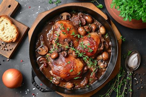 Premium Photo | A coq au vin a traditional French dish featuring braised chicken in red wine ...